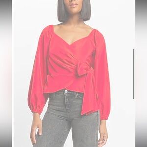 V-Neck Balloon Sleeve Wrap Tie Waist Top- S